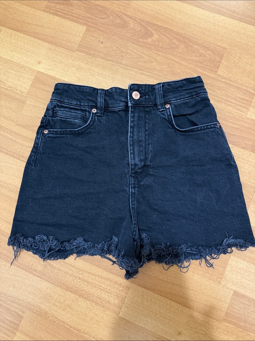 High-Rise Black Denim Frayed Hem Women’s Shorts